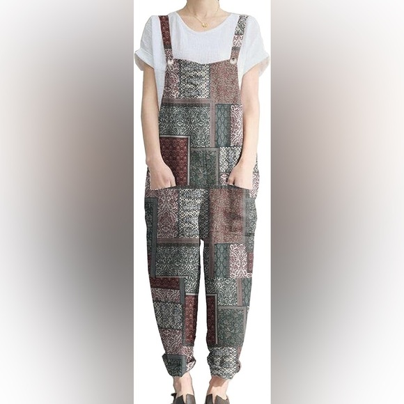 Patchwork Patterned Women’s Casual Loose Cotton Bib Overalls - Picture 1 of 8